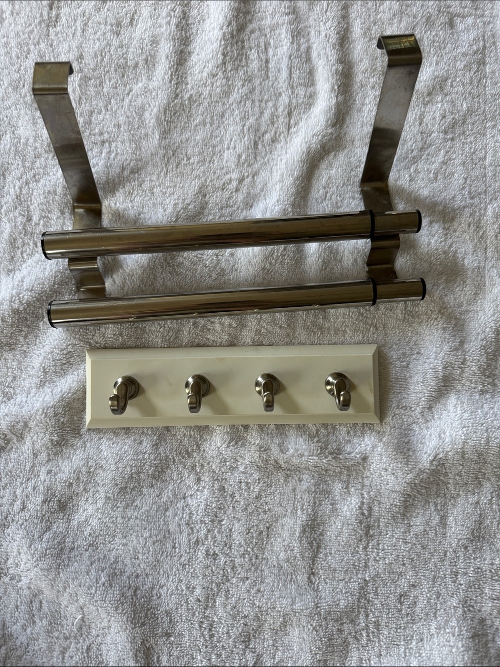 Stainless Steel Double Towel Bar and 4-Hook Wall Rack - Silver